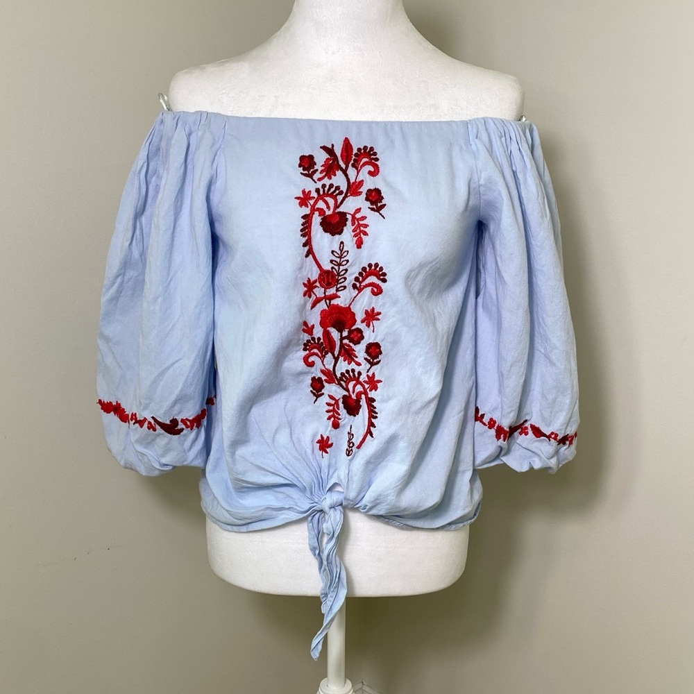 Zara Womens Sky Blue Embroidered Off The Shoulder  3/4 Sleeve Blouse Size XS
